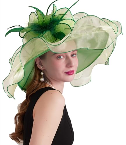 Women Derby Church Hat Organza Flower Wedding Tea Party Fascinator Wide Brim Sun Hat - color: 16-light Green