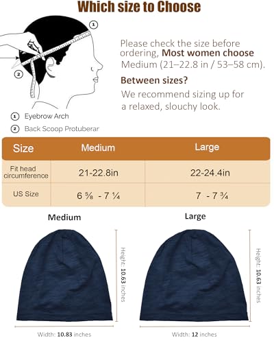 100% Cotton Thin Summer Slouchy Beanie Hat for Women Men Chemo Cap - color: 1pc Navy Blue, size: Large