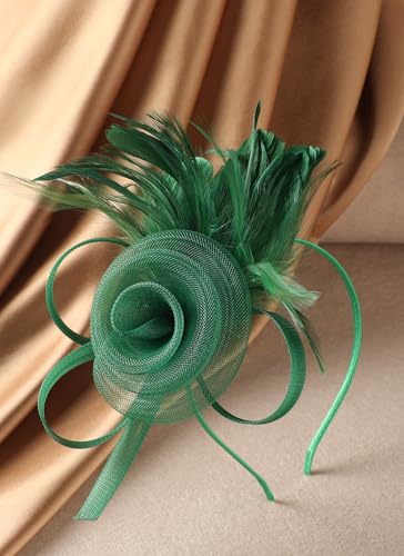 Zinniday Victorian Feather Fascinators Hats - 2025 Derby Attire Headwear with Hairpin,1920s Tea Party Hat for Woman - color: Green