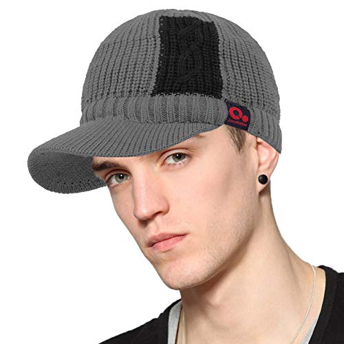 Winter Patch Work Visor Beanie Brimmed Baseball Cap Fleece Lined Knitted Billed Hat - color: Grey
