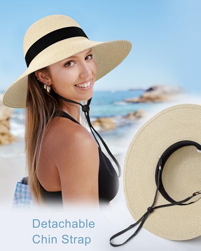 Sun Straw Hats for Women, Wide Brim Summer Beach Hat - color: Beige, size: X-Large