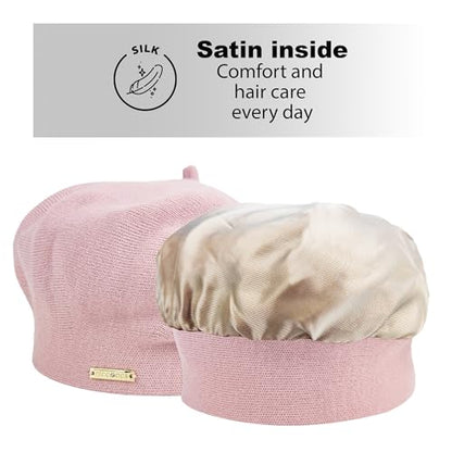 Warm Lined Wool Angora Knit Beret and Satin Lined French Hat Lightweight Beanie - color: Pink