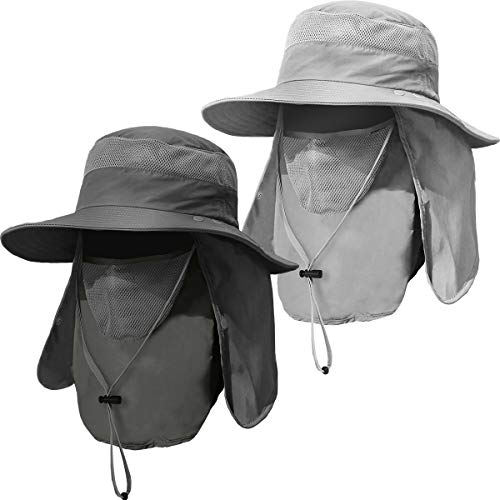 2 Pieces Men's Wide Brim Fishing Hat Outdoor UPF 50+ Sun Protection Removable Face and Neck Flap - color: Dark Grey & Light Grey