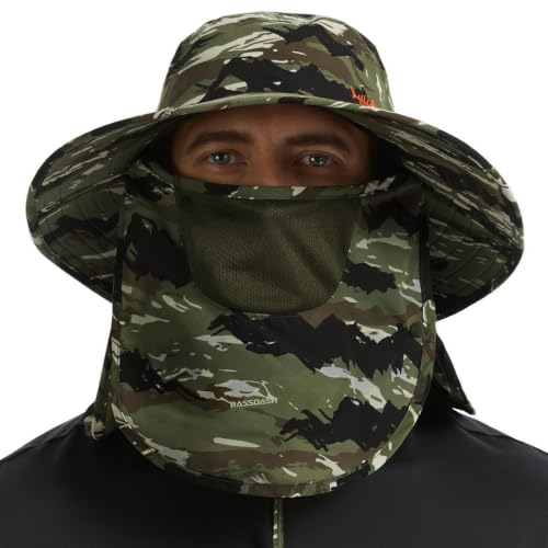 BASSDASH UPF 50+ Breathable Sun Hat with Removable Face Cover and Neck Flap Wide Brim Bucket Hat for Fishing Hiking Men Women - color: Mountain Stripes