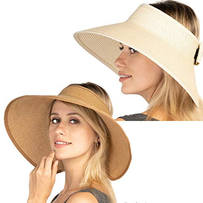 Women Sun Visors Foldable Straw Hats Summer Beach Packable Hat Floppy Wide Brim Cap Deep Style, Adjustable Size - color: Khaki+beige
