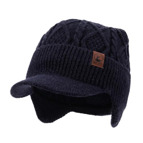 Winter Beanie with Brim Thick Fleece Knit Hat Short Brim Newsboy Hats Warm Earflaps Slouchy Skull Ski Caps - color: Mg-hem25107-blue