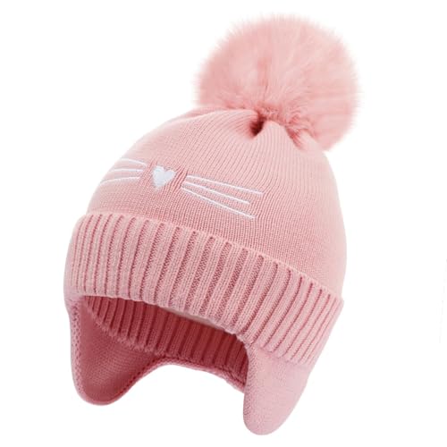 Girls Beanie Knit Hat with Ear Flaps Rainbow Cat Hats Toddler Kids Winter Outdoor Skull Snow Ski Cap Age 2-10 - color: Pink, size: 5-10 Years