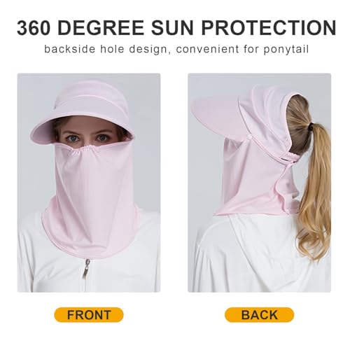 Women Wide Brim Face Mask Sun Hat Detachable Neck Face Flap Ponytail UV Protection Visor Hat Garden Fishing Hiking - color: Bg8094-pink