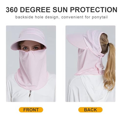 Women Wide Brim Face Mask Sun Hat Detachable Neck Face Flap Ponytail UV Protection Visor Hat Garden Fishing Hiking - color: Bg8094-pink