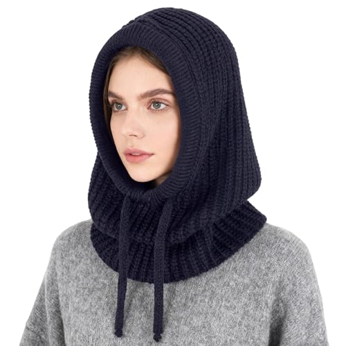 Connectyle Knit Hooded Scarf Hat Pullover Balaclava Beanie Skull Cap with Drawstring Neck Gaiter Hood Winter Hats for Women - color: Navy Blue