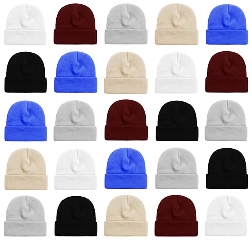 25 Pack Winter Beanie Hats, Unisex Thermal Toboggan Cold Weather Cuffed Caps Bulk Bundle - color: Assorted Colors #3