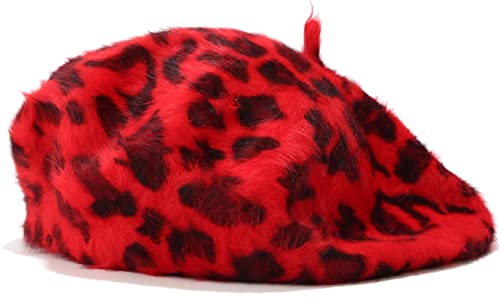 Fluffy Leopard Print Beret Hat Trendy Cheetah Pattern French Hats Winter Warm Artist Caps for Women Lady - color: Red