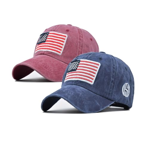 2-Pack USA Flag Hats for Men Baseball American Flag Hats for Men USA Cap USA Tactical Washed for Women - color: Red+nany