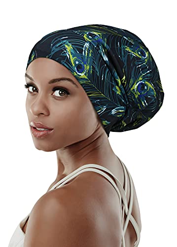 Adjustable Satin Lined Sleep Cap for Dreadlocks Curly Hair Large Head-Stay On Overnight - color: Black Green