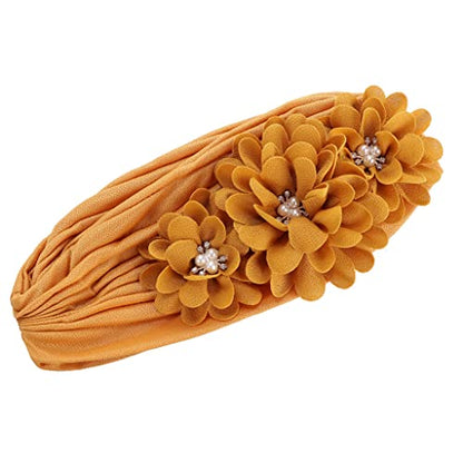 Flower Pre-Tied Turban Beanie, Soft Chemo Cap for Women Cancer Hair Loss - color: Yellow
