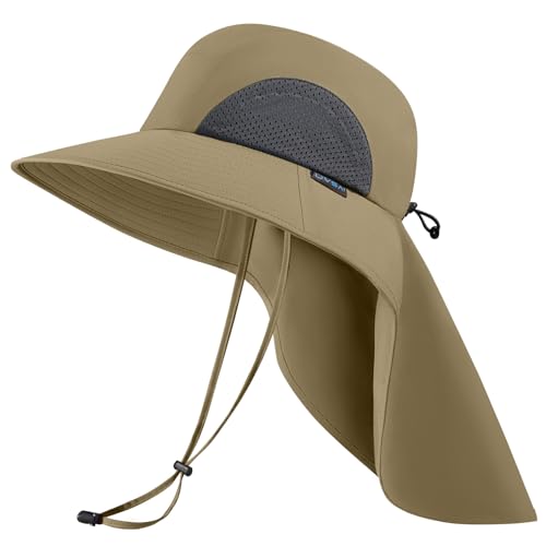UPF 50+ Foldable Sun Hats Wide Brim with Large Neck Flap for Men Women UV Protection Gardening Fishing Beach Hat - color: Khaki