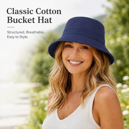 Cotton Bucket Hat Packable Beach Sun Hat for Women Men - color: Navy