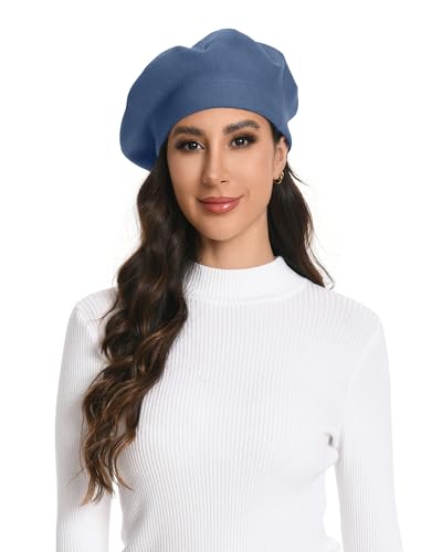 Women's Knitted Beret, French Style Double Layer Winter Autumn Warm and Soft Beanie Hat Cap - color: Z-denim Blue