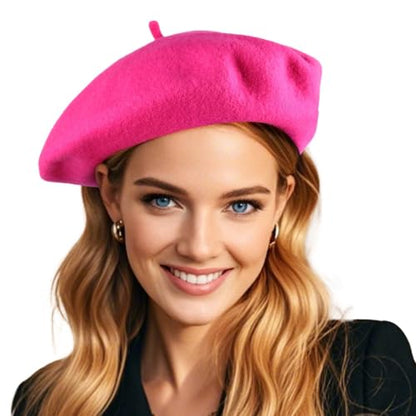 French Wool Beret Hats for Women Man - color: Rose Red