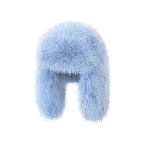 Luxurious Faux Mink Fur Ladies Trapper Hat，Pure Color Simplistic Women’s Winter Hat，Furry Ushanka Warm Hat - color: Blue