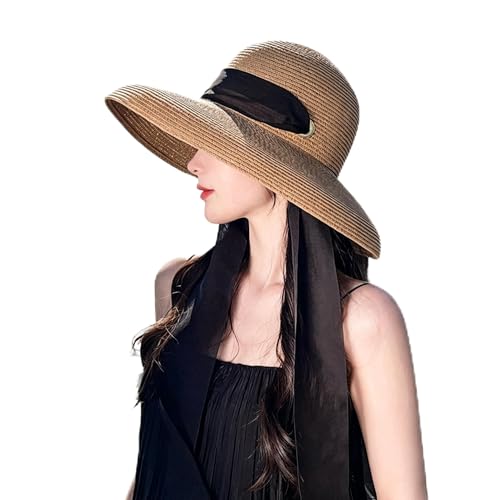 Sun Hats for Women Summer Beach Hat for Women with UV Sun Protection Large Straw Hats for Women with Strap - color: Khaki+widebrimribbon