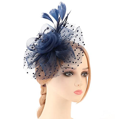 AQOKKA Women Fascinators Hats Flower Fascinators with Headband and Clip Tea Party Headwear for Women and Girls - color: 1 Pc 7" Diameter / Navy