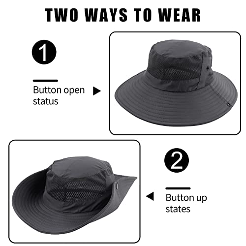 Muryobao Women Ponytail Sun Hat Summer UV Protection Cap Outdoor Foldable Mesh Wide Brim Bucket Hats for Beach Fishing Garden - color: Dark Grey