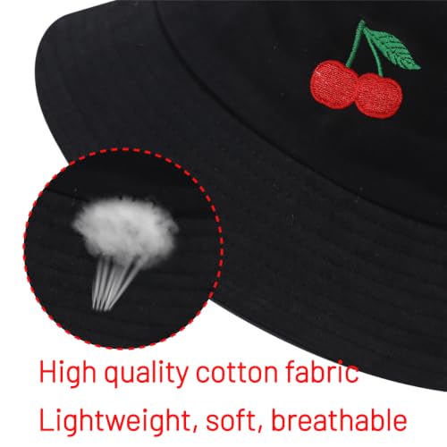 Cotton Bucket Hat for Women Men Summer Travel Sun Beach Bucket Cap, Unisex Outdoor Fisherman Hat - color: Cherry Black