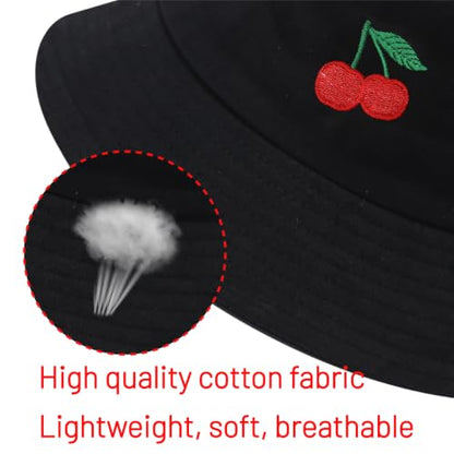 Cotton Bucket Hat for Women Men Summer Travel Sun Beach Bucket Cap, Unisex Outdoor Fisherman Hat - color: Cherry Black