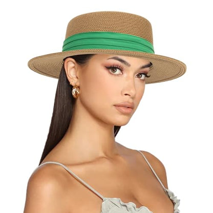 Straw Boater Summer Sun Hat - Wide Brim Fedora Panama Beach Hat for Women - color: Green Band