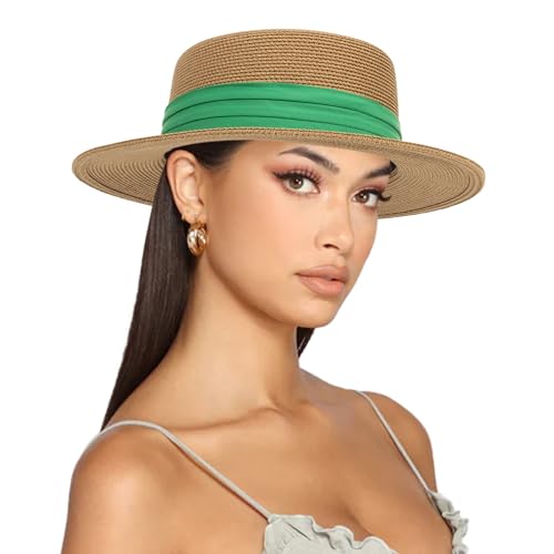 Straw Boater Summer Sun Hat - Wide Brim Fedora Panama Beach Hat for Women - color: Green Band