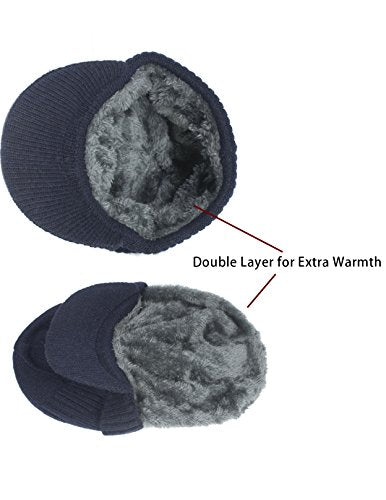 Dahlia Men's Beanie with Visor - Wool, Winter Hat w/Brim, Fleece Lined - color: Ribbed: Navy Blue