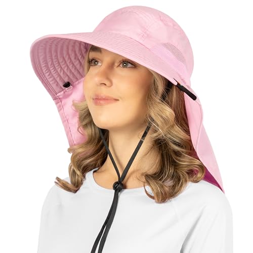 SUN CUBE Wide Brim Sun Hat with Neck Flap for Men Women, UPF50+ Fishing - color: Pink