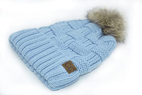 C.C Knit Beanie Hat – Fuzzy Fleece Lined Warm Winter Hat, Faux Fur Pom Soft Stretchy Slouchy Knit Cap, Cold Weather Beanie - color: Sky Blue