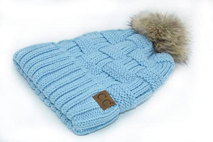 C.C Knit Beanie Hat – Fuzzy Fleece Lined Warm Winter Hat, Faux Fur Pom Soft Stretchy Slouchy Knit Cap, Cold Weather Beanie - color: Sky Blue