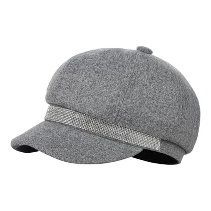 Women Rhinestone Hat Band Newsboy Hat Cabbie Baker boy Hat Beret Cap - color: Grey