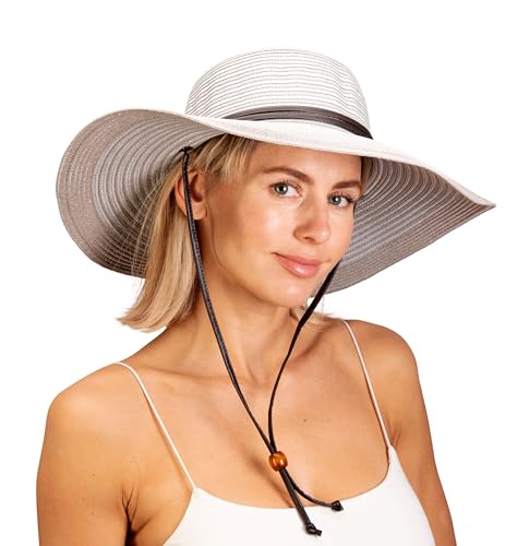 Sloggers Women's Wide Brim Braided Sun Hat with Wind Lanyard - UPF 50+ Maximum Sun Protection - color: Duo Grey