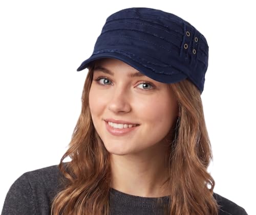D&Y Unisex 100% Cotton Military Cadet Hat - Distressed Frayed Flat Top Cap - Adjustable Everyday Patrol Hat - color: Navy