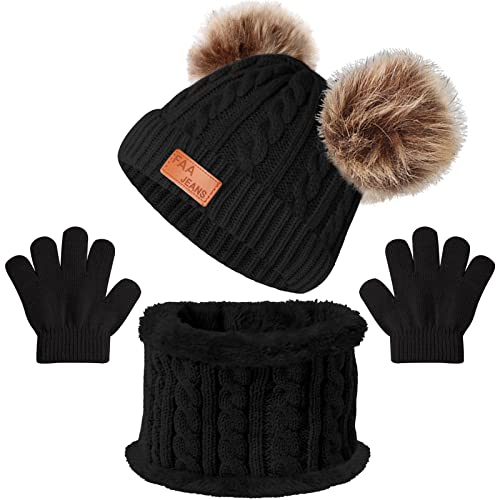 Kids Winter Beanie Hat Scarf Gloves Set,Toddlers Knit Winter Warm Double Pompom Cap Scarf Gloves for Girls Boys 1-5 Years Old - color: Black