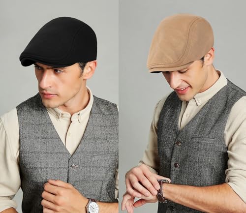 2 Pack Newsboy Cap for Men Women Flat Cap Beret Ivy Cabbie Hat - color: Black + Khaki