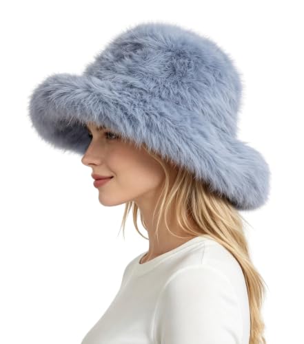 Lina & Lily Oversized Winter Faux Fur Bucket Hat for Women - Long Pile Fur Wide Moldable Brim - color: Light Blue