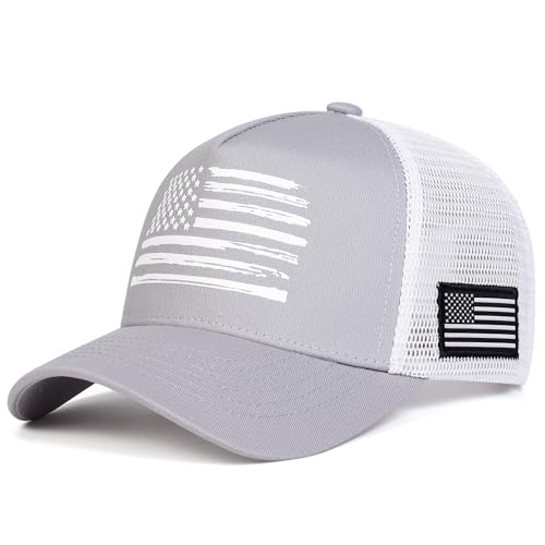 American Flag Trucker Hat, Breathable Mesh Snapback Baseball Cap for Men Women - color: Gray