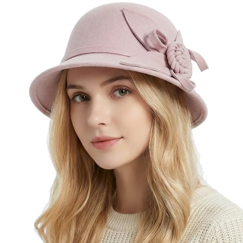 Woolen Cloche Hat for Women, Flower Winter Warm Bucket Cap - color: Pink