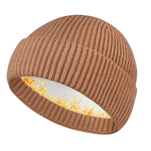 Heniho Wool Fleece Lined Fisherman Beanie for Men, Winter Warm Hats Cuffed Knit Watch Cap Trawler Hat - color: 1pack - Camel