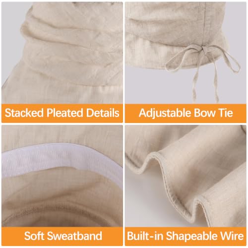 Linen Blend Ruched Bucket Hat Ultra-Light Breathable Sun Hat - color: Beige