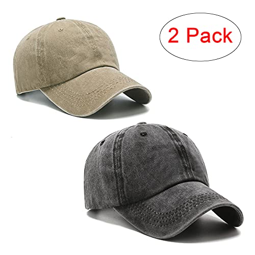 PFFY 2 Packs Vintage Washed Distressed Baseball Cap Dad Hat for Men Women - color: Black+khaki(washed)