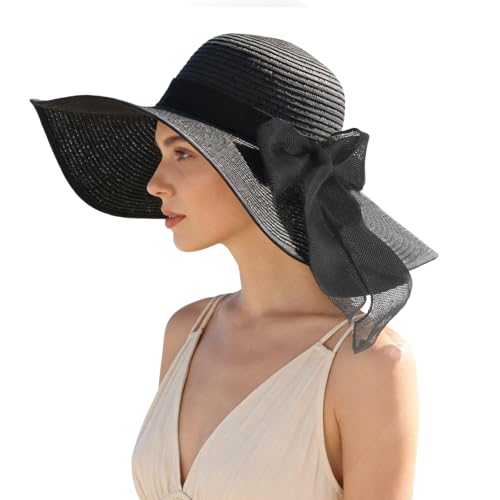 Oweisong Sun Beach Hats for Women Trendy Summer Vacation Straw Hat Boho Bow Wide Brim Packable Hat - color: Black
