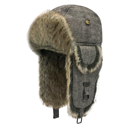 Fur Winter Trapper Hat,Wool Faux Fur Aviator Ski Trapper Trooper Pilot Snow Eskimo Hat with Ear Flaps for Men & Women - color: Brown, size: Large-X-Large
