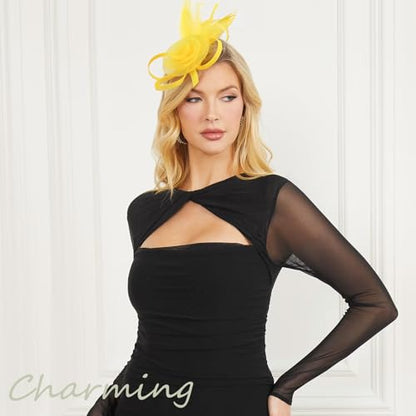 DRESHOW Fascinators Hats for Women Tulle Feather Tea Party Fascinator Hats - color: Bright Yellow