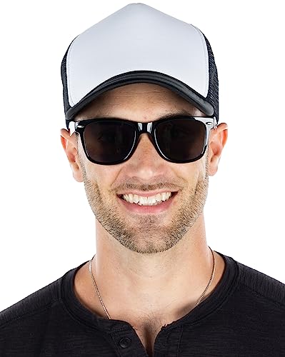 Funky Junque Blank Mesh Foam Lightweight Snapback Trucker Hat - color: Hat (Black/White) & Sunglasses (Black)